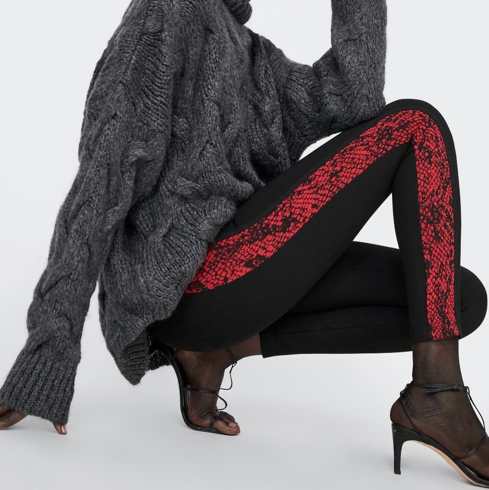 Zara red animal print side stripes black leggings